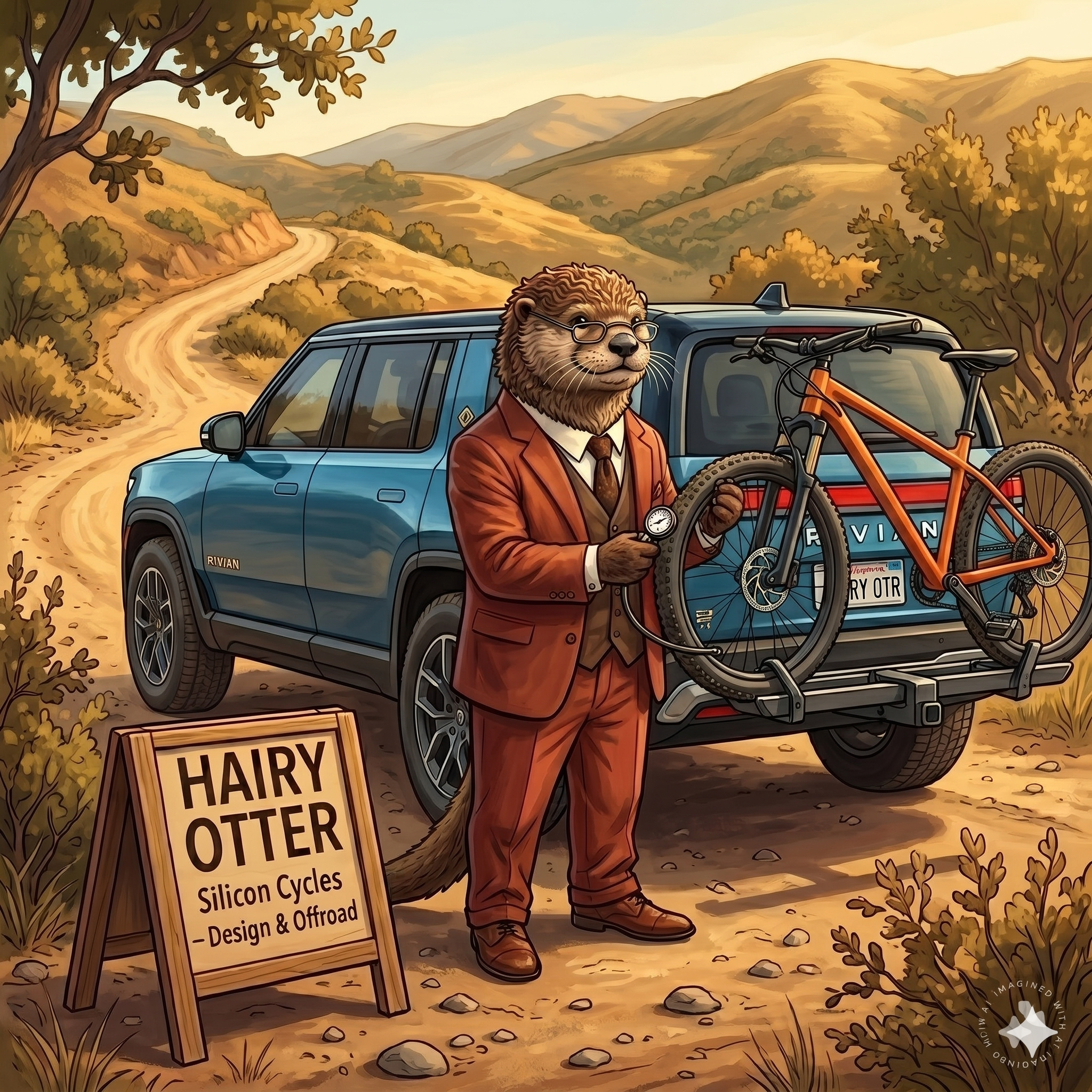 An anthropomorphic otter in a rust-red three-piece suit checking tire pressure on a mountain bike mounted to a blue Rivian R1S at a Northern California trailhead.