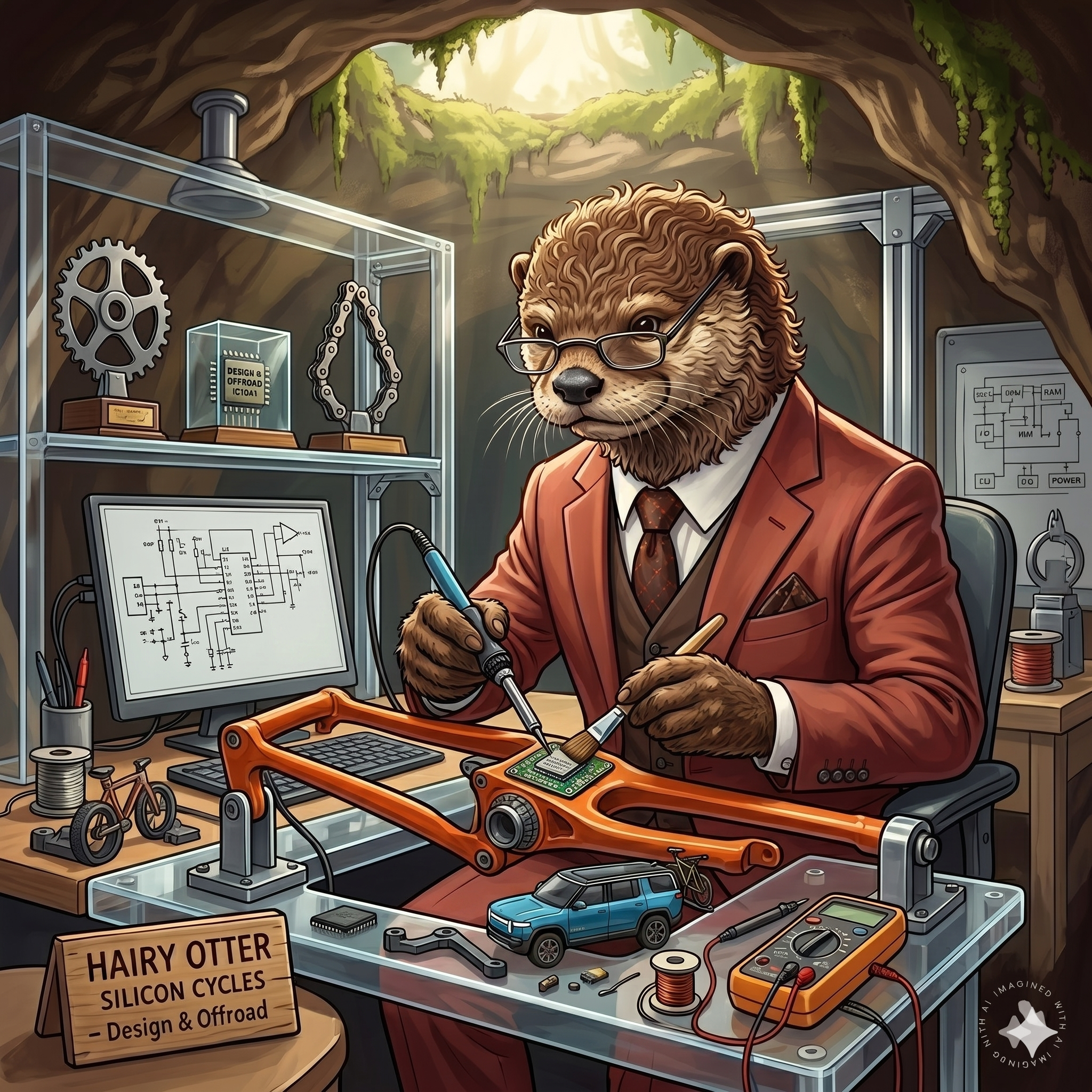 The same otter in the same rust-red suit, soldering inside a sunlit cave workshop, working on a hybrid object that is half mountain bike frame, half printed circuit board, with a miniature Rivian on the workbench.